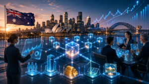 Futuristic city with blockchain technology