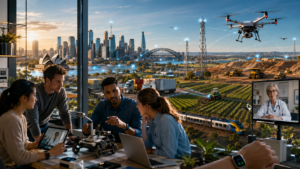 Futuristic laboratory with smart city view