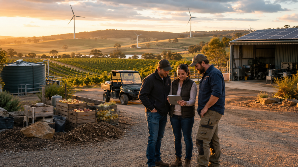 Farm and renewable energy at dusk
