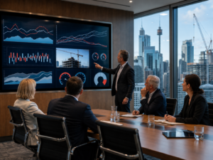 Modern business meeting with city view