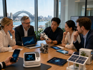 Tech meeting with city views